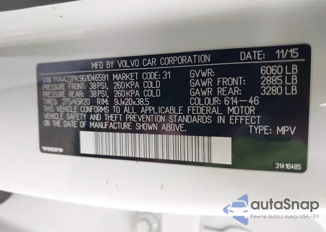 2016 Volvo Xc90 T6 Momentum z USA, uszkodzony, nr VIN YV4A22PK9G1046591